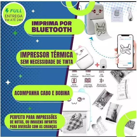 Mini Impressora Térmica Portátil sem Fio com Bluetooth e Bateria Recarregável